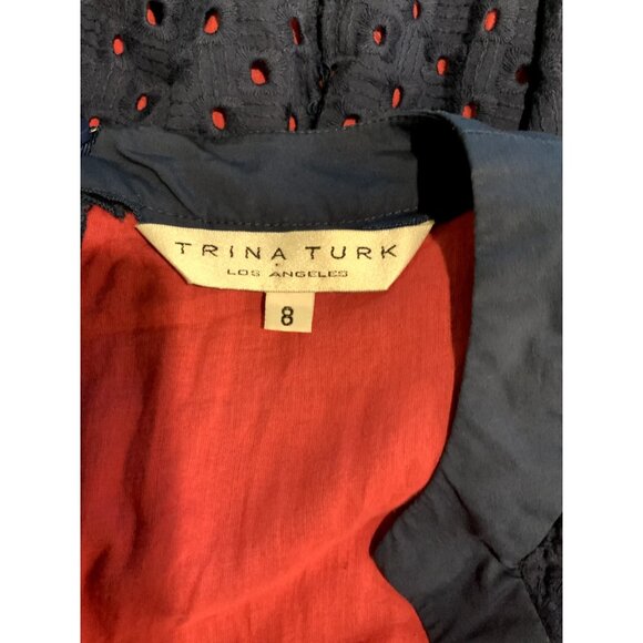 Trina Turk Navy Blue Eyelet Shift Dress W/ Dark Pink Lining, Size 8 (US) - Picture 6 of 6